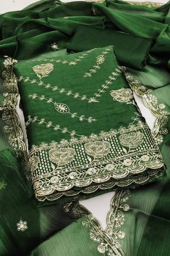 Elegant bottle green chanderi suit set with intricate golden embroidery