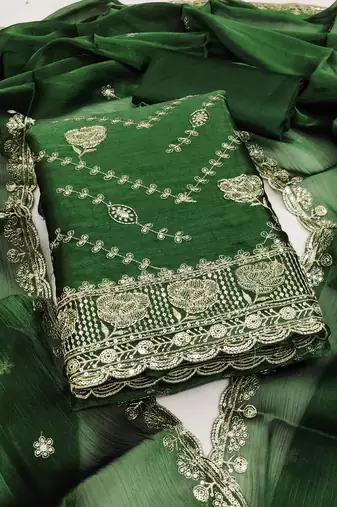 Elegant bottle green chanderi suit set with intricate golden embroidery