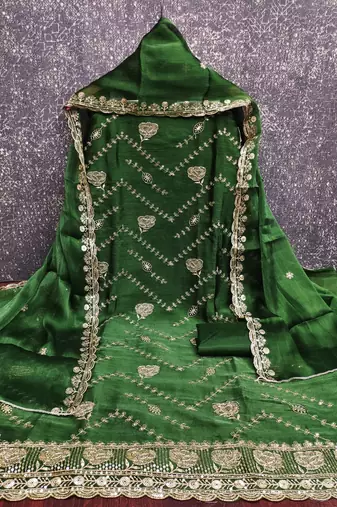 green embroidered chanderi dress material