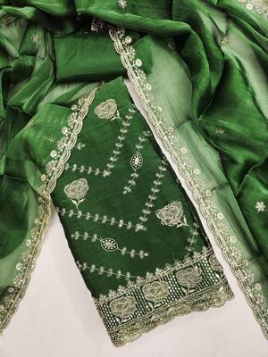 green embroidered chanderi dress material 3