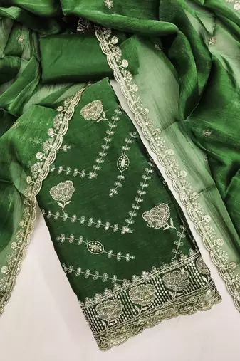green embroidered chanderi dress material