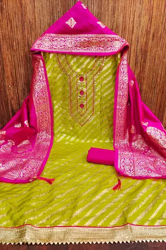 lime green suit with pink banarasi dupatta