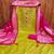 Vibrant lime green suit set with pink banarasi dupatta and embellished neckline