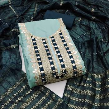 blue mirror work embroidered dress material 1