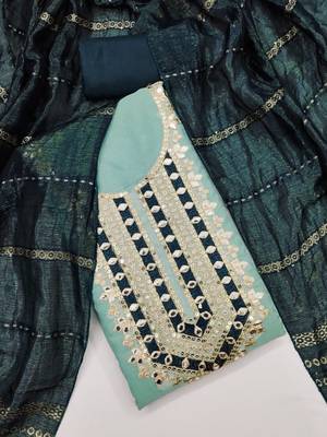 blue mirror work embroidered dress material 2