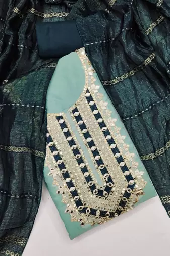 blue mirror work embroidered dress material