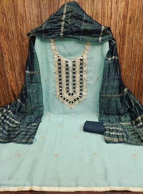 blue mirror work embroidered dress material 3
