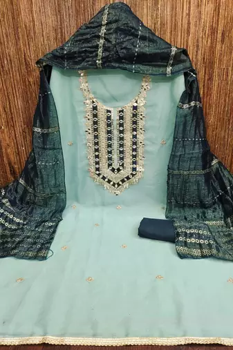 blue mirror work embroidered dress material