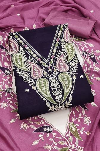 Deep purple suit set with pink dupatta and intricate kashmiri embroidery