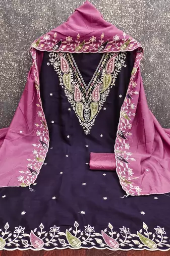 purple embroidered dress material with pink dupatta