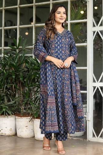 Blue cotton cambric printed anarkali kurti with pant & mulmul dupatta, hand & mirror work