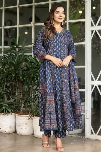 Blue cotton cambric printed anarkali kurti with pant & mulmul dupatta, hand & mirror work