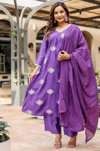 Purple cotton satin a-line kurti with pant & kota check dupatta | zari & lace work