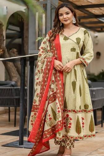 Light green cotton cambric anarkali kurti with pant & dupatta | hand work & side tassels