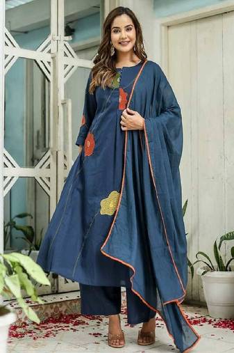 Blue cotton cambric a-line dyed kurti with palazzo & dupatta | embroidery, hand adda & lace work
