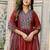 Maroon cotton cambric a-line kurti with palazzo & dupatta | hand, tussle & lace work