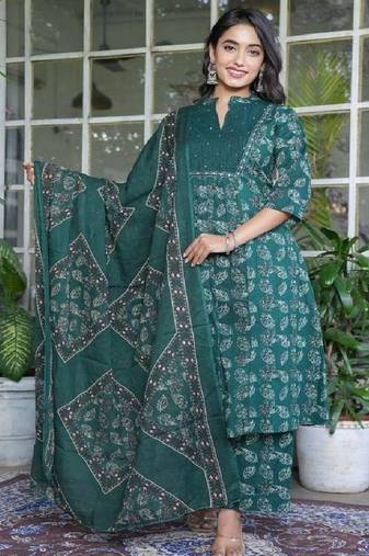 Teal cotton a-line kurti with pant & dupatta | hand embroidery & printed work