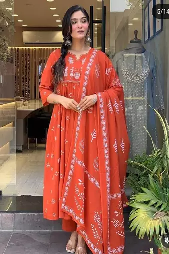Rust orange cotton cambric anarkali kurti with pant & dupatta | hand embroidery & lace work