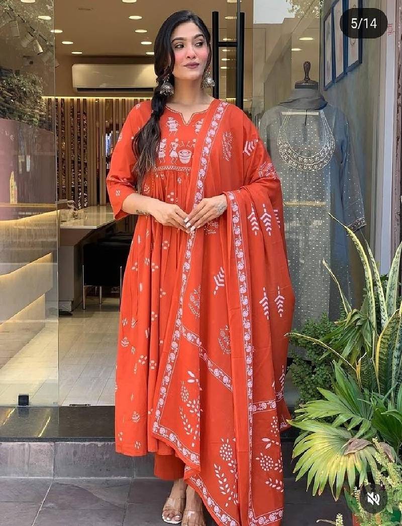 Rust orange cotton cambric anarkali kurti with pant & dupatta | hand embroidery & lace work