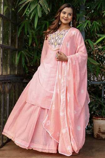 Baby pink cotton cambric dyed kurti with skirt & kota check dupatta | embroidery, mirror & lace work