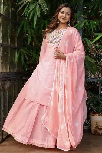 Baby pink cotton cambric dyed kurti with skirt & kota check dupatta | embroidery, mirror & lace work