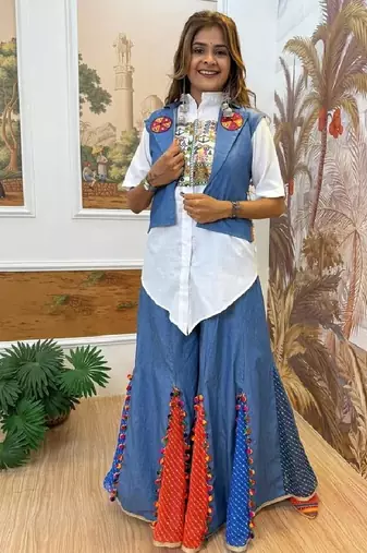 Women's pure cotton embroidered shirt, pure cotton jeans palazzo & koti set – mirror & lace work