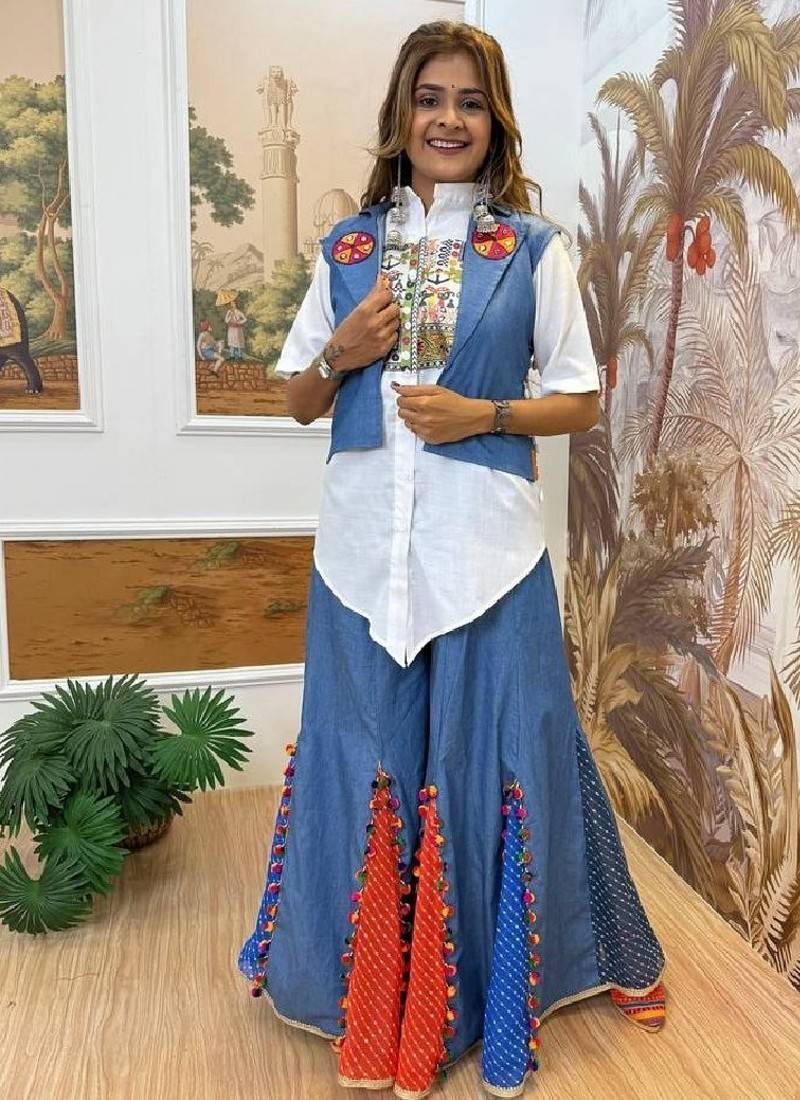 Women's pure cotton embroidered shirt, pure cotton jeans palazzo & koti set – mirror & lace work