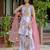Digital printed lavender chinon kurta, palazzo & dupatta set – square neck, aari & mirror work
