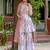 Digital printed lavender chinon kurta, palazzo & dupatta set – square neck, aari & mirror work
