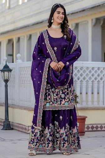 Women's gold crush fabric embroidered purple kurta, sharara & dupatta set