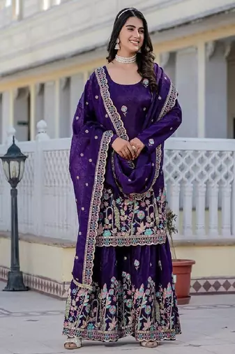 Women's gold crush fabric embroidered purple kurta, sharara & dupatta set