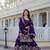 Women's gold crush fabric embroidered purple kurta, sharara & dupatta set