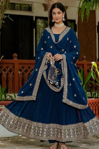 Women's teal blue faux georgette embroidered flared anarkali with dupatta set
