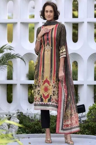 Women’s silk blend embroidered straight kurta with pant & printed dupatta set