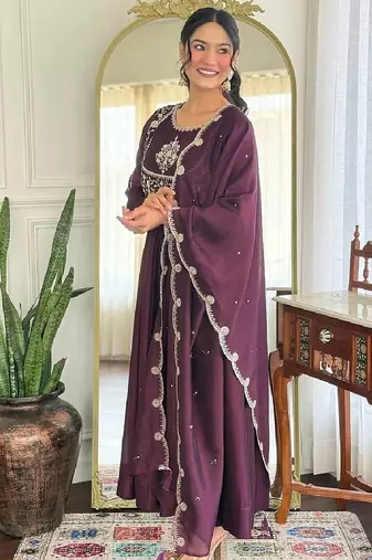 Elegant wine vichitra silk flared kurta with pant & embroidered dupatta set | festive ready-to-wear