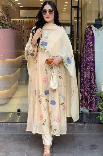 Women's white cotton thread work straight kurta with pant and dupatta set