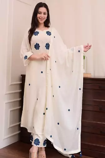 Elegant viscose thread work kurta set with pant & dupatta for women