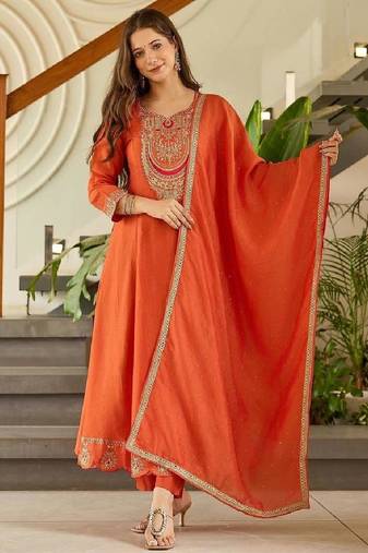 Women's embroidered orange vichitra silk flared kurta, rayon pant & dupatta set