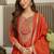 Women's embroidered orange vichitra silk flared kurta, rayon pant & dupatta set