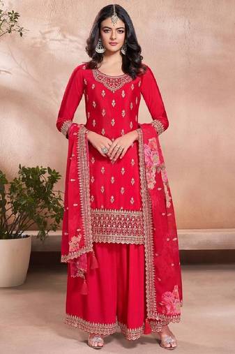 Women's embroidered vichitra silk kurta, sharara & chinon dupatta set