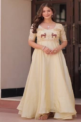 Gold crush beads embroidered gown.