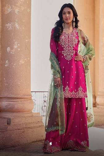 Magenta chinon silk embroidered suit set