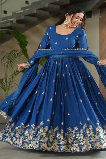Royal blue chinon silk anarkali set