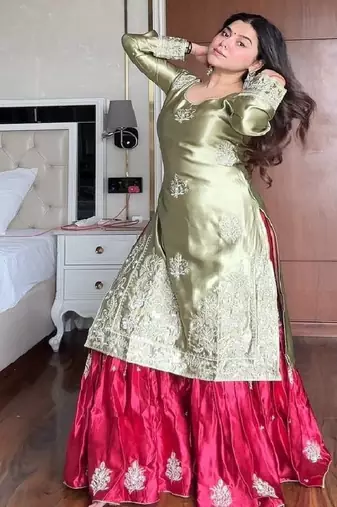 Olive & crimson moss satin sharara set