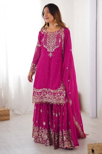 Magenta georgette embroidered sharara set