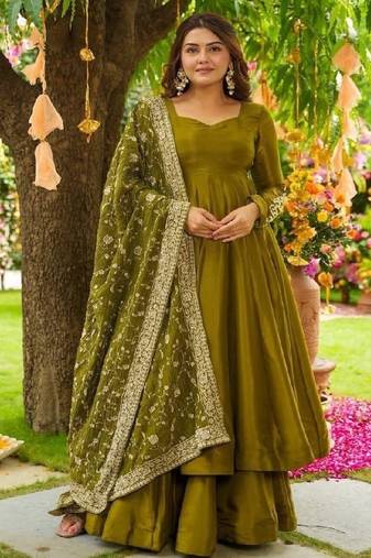 Olive green german chiffon embroidered gown with palazzo & dupatta | fully stitched ready-to-wear
