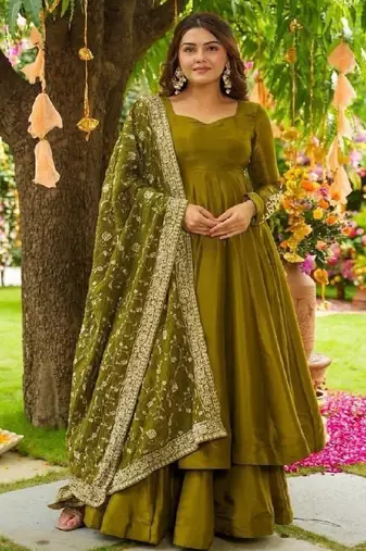 Olive green german chiffon embroidered gown with palazzo & dupatta | fully stitched ready-to-wear