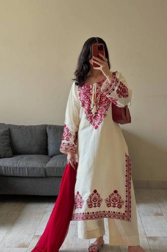 Embroidered white roman silk suit with pant & georgette dupatta | exclusive ready-to-wear