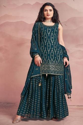 Women's teal georgette sleeveless kurta, sharara & dupatta set with abstract sequin embroidery