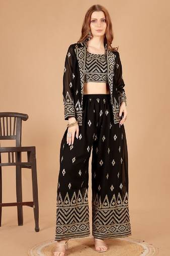 Women's black georgette crop top, palazzo & embroidered jacket set – sequins work, ready to wear, festive & wedding wear